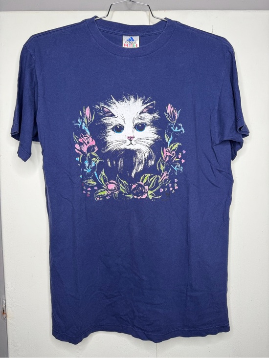 adidas Tops - Adidas Women Navy Blue White Cat Floral Graphic Tee Size XL Vintage Grandmacore